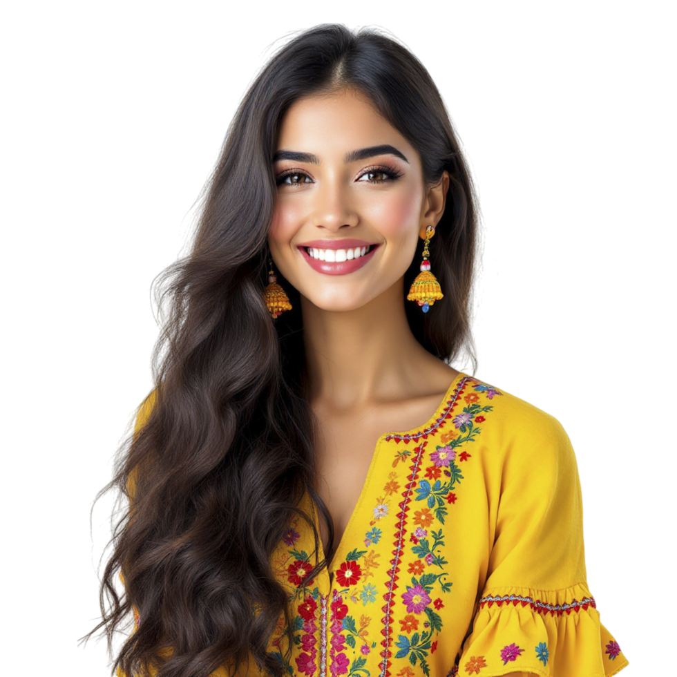 A woman in yellow embroidered blouse smiling png