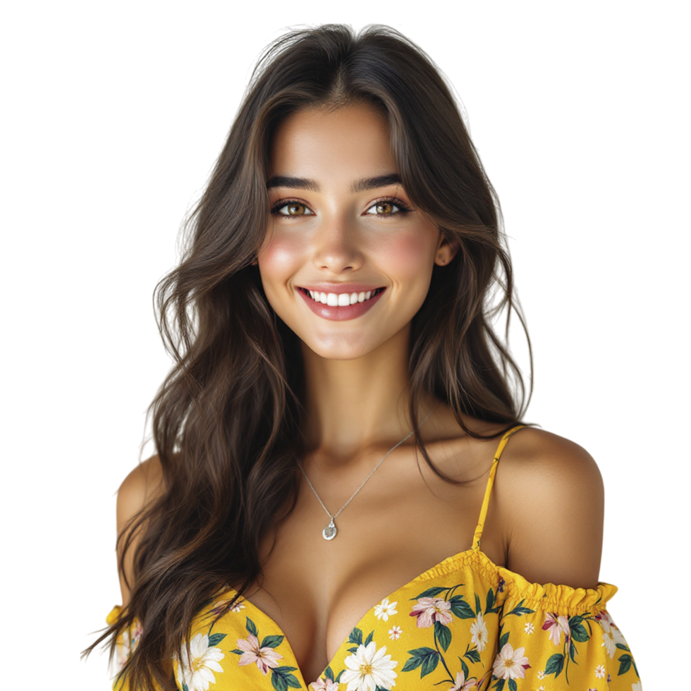 A woman in a yellow floral dress smiling png