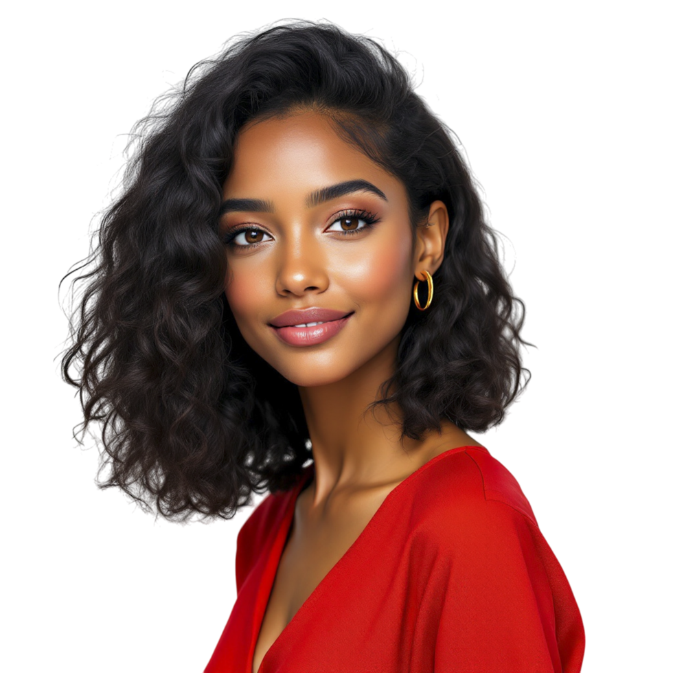 A beautiful young woman with curly hair in red png