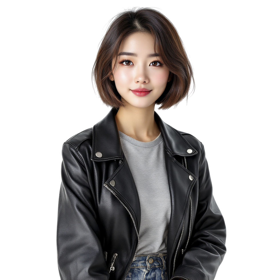 An asian woman wearing a black leather jacket png