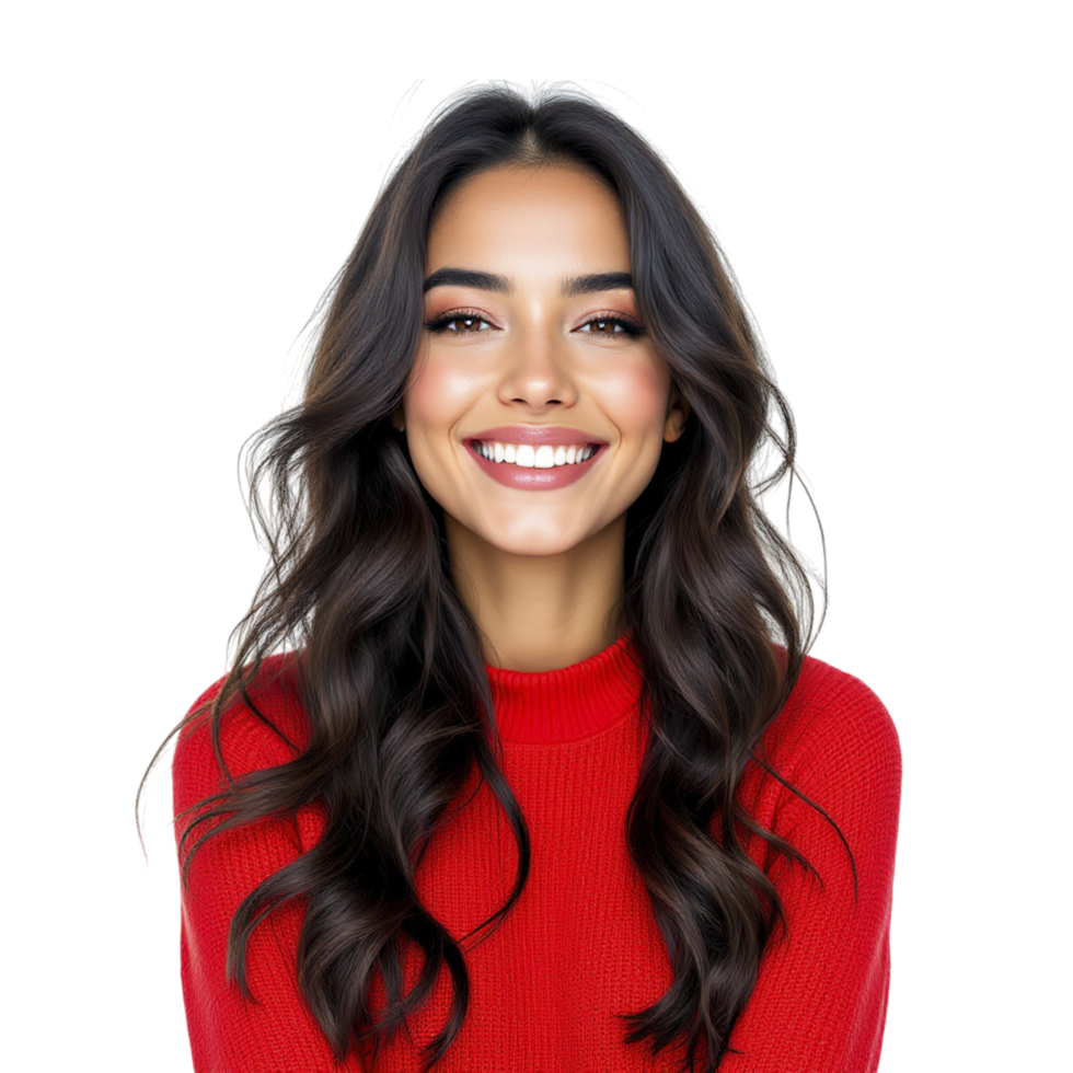 Smiling woman in red sweater png