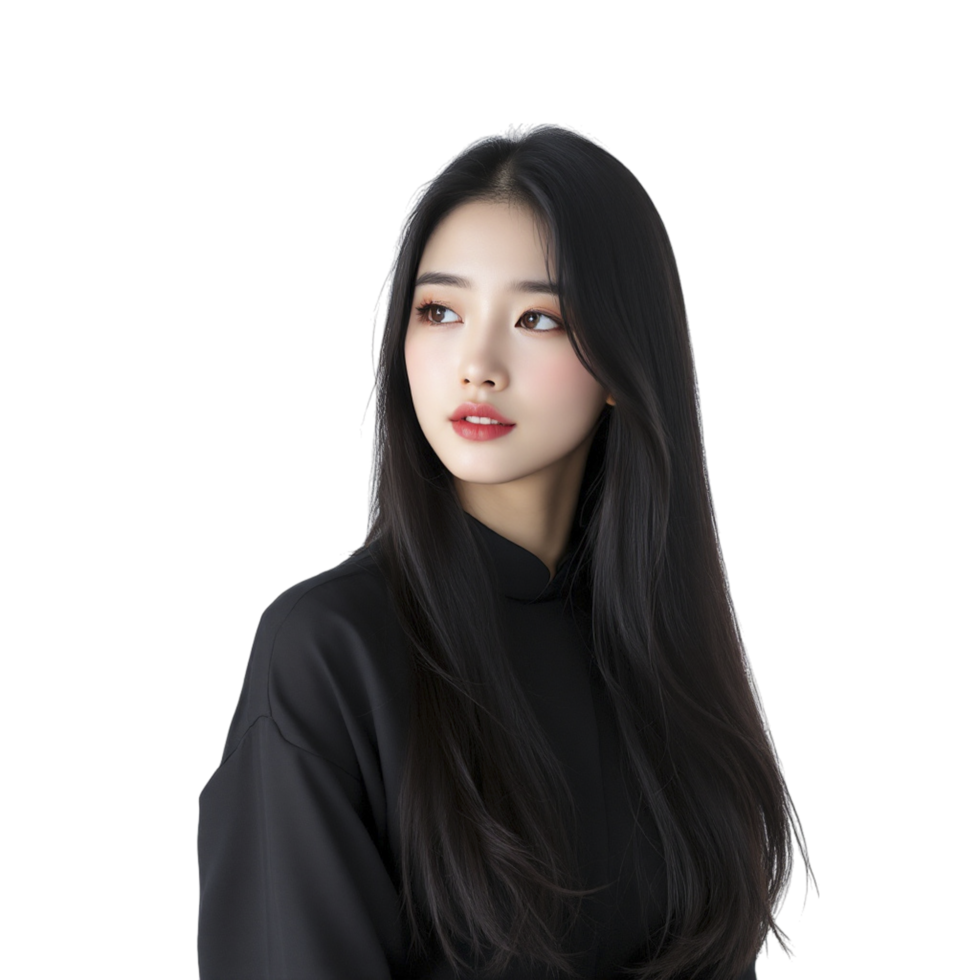 A woman with long black hair and red lipstick png
