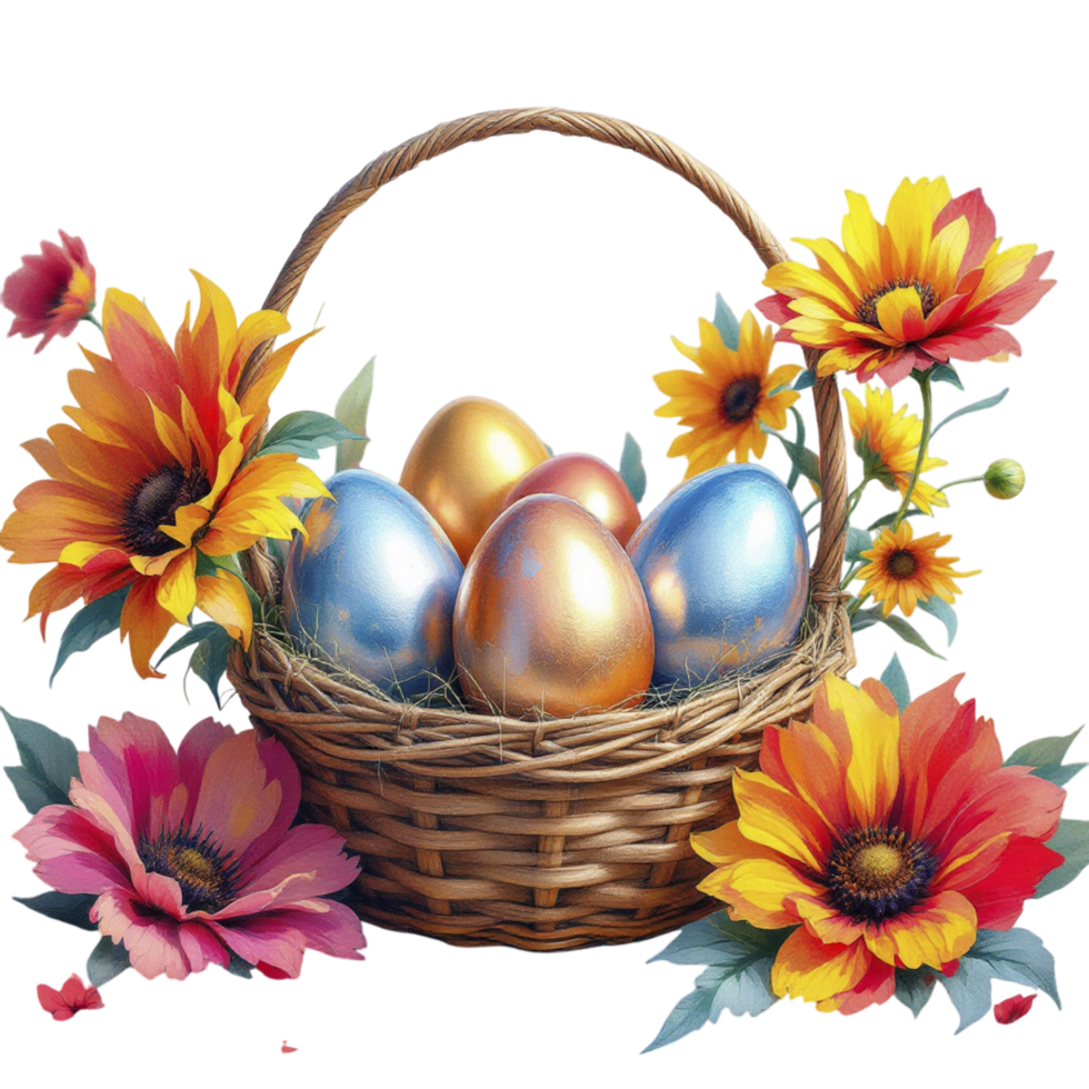 Easter eggs in a basket with flowers and sunflowers png