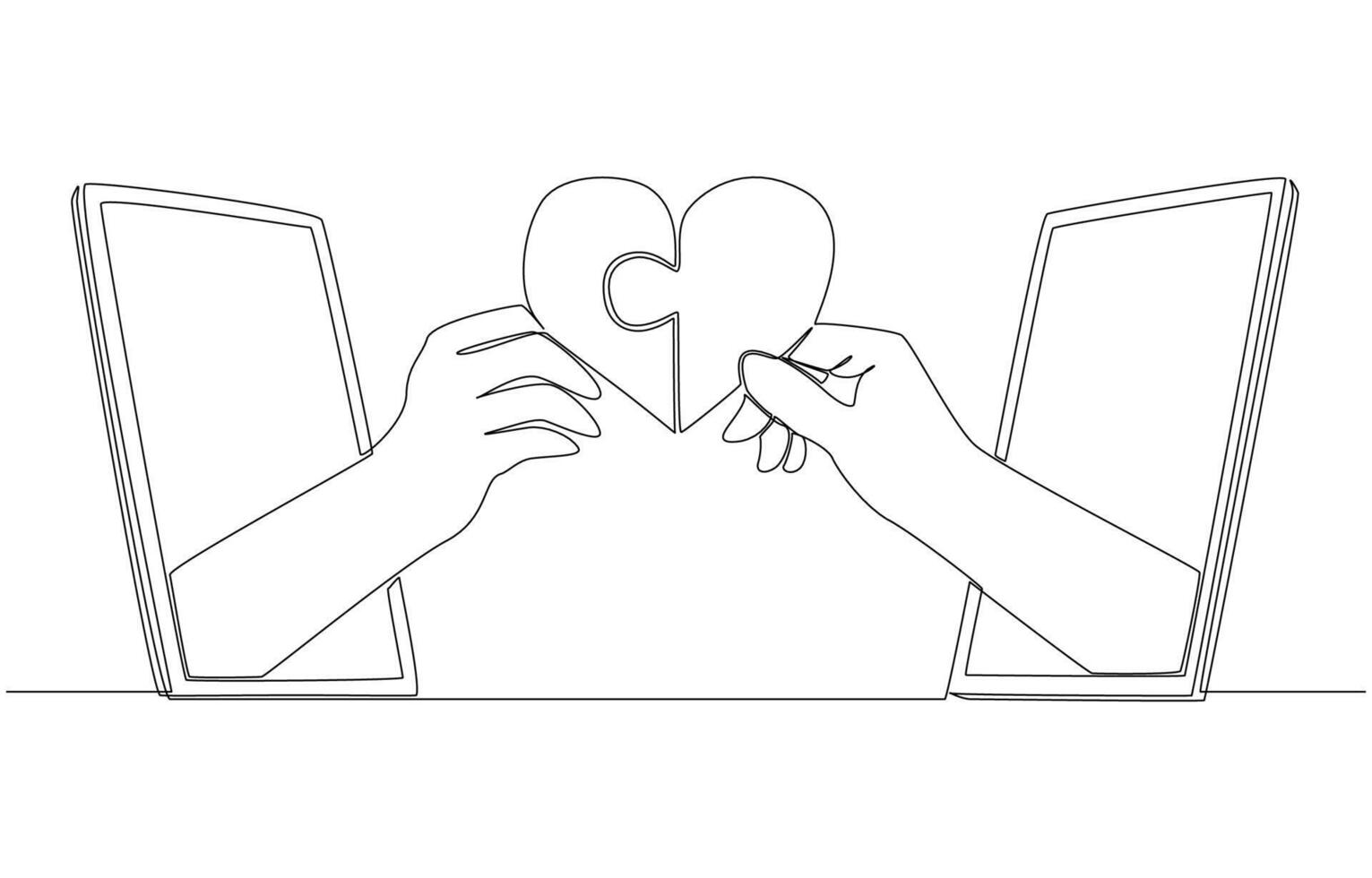 Continuous one line drawing of hands putting puzzle pieces to form heart shape through smartphone, online dating apps concept, single line art vector