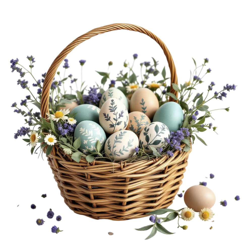 Easter eggs in a basket with flowers and leaves png