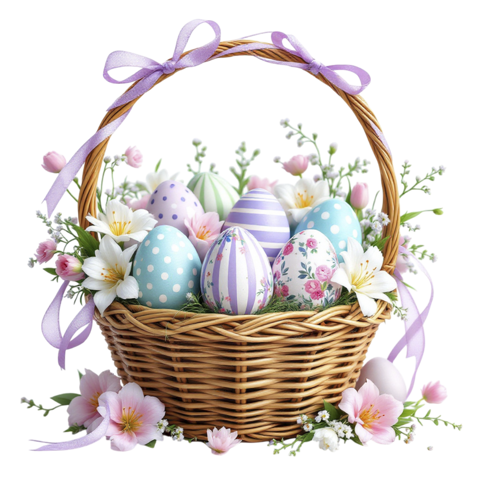 Easter eggs in a basket with flowers and ribbons png