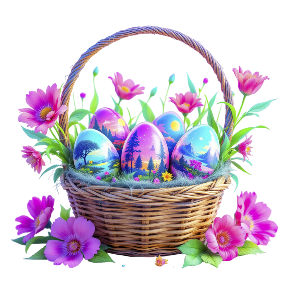 Easter eggs in a basket with flowers png