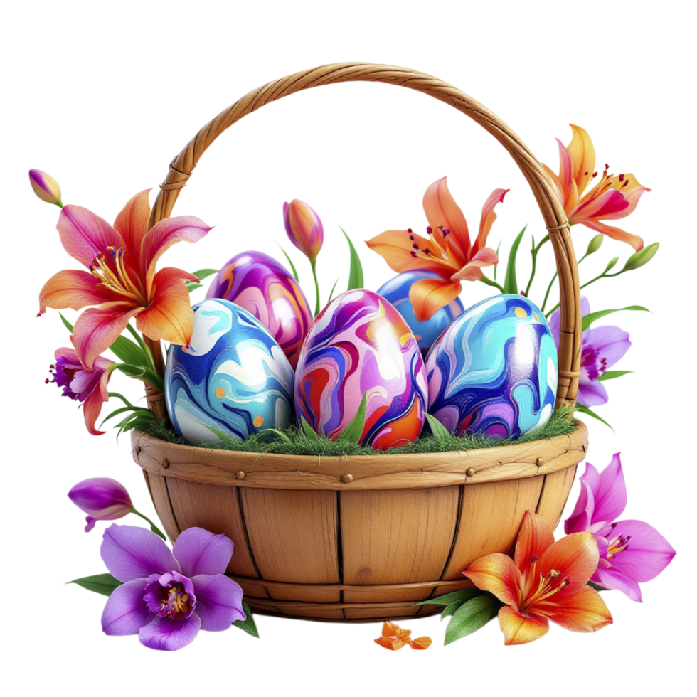 Easter eggs in a basket with flowers png
