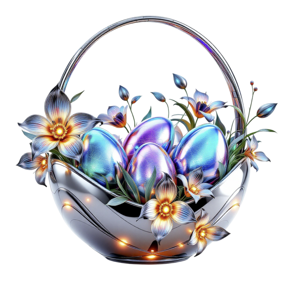 Easter eggs in a basket with flowers on a black background png