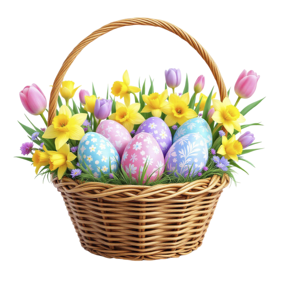 Easter eggs in a basket with daffodils and tulips png