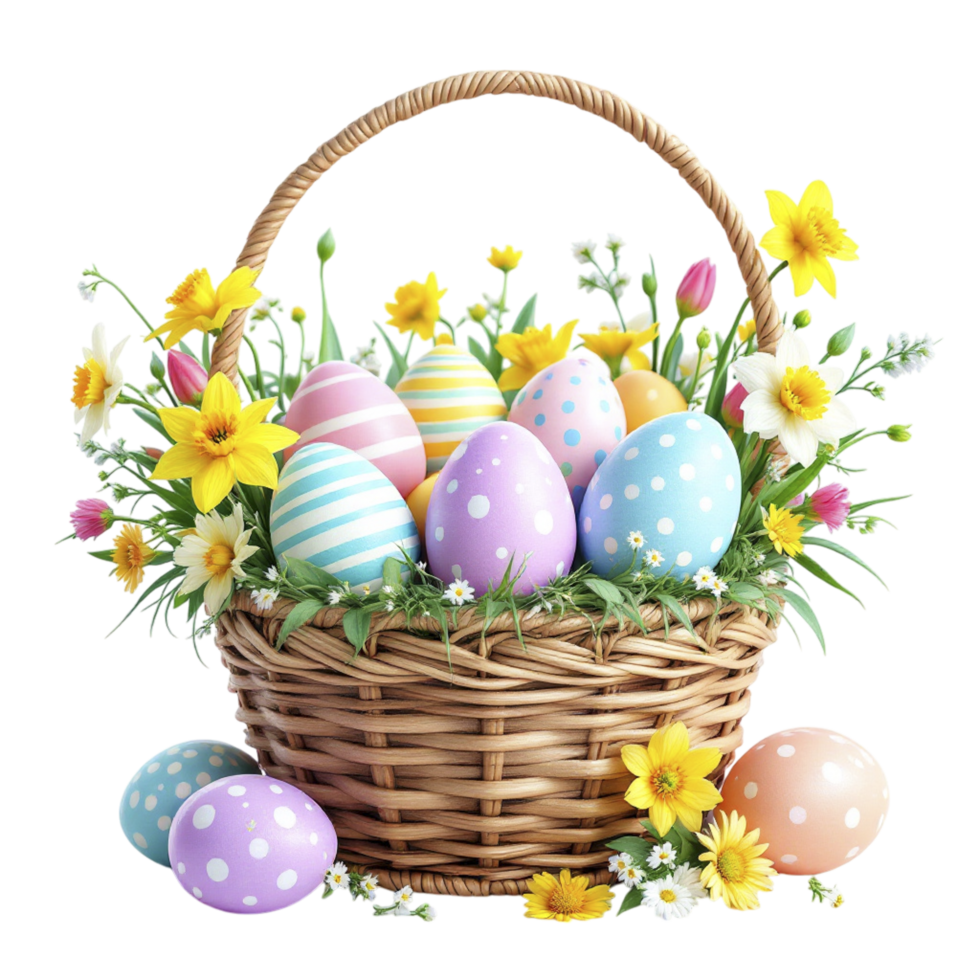 Easter eggs in basket with flowers png