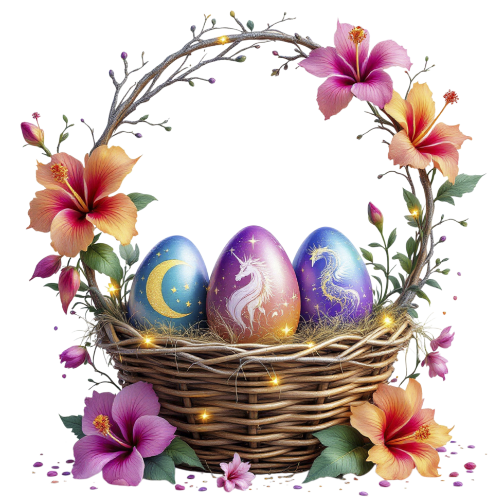 Easter eggs in a basket with flowers and butterflies png