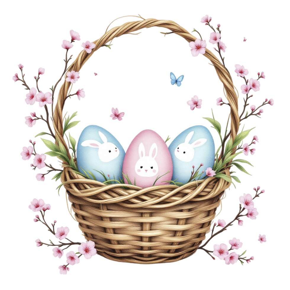 Easter basket with three eggs and a pink and blue bird png