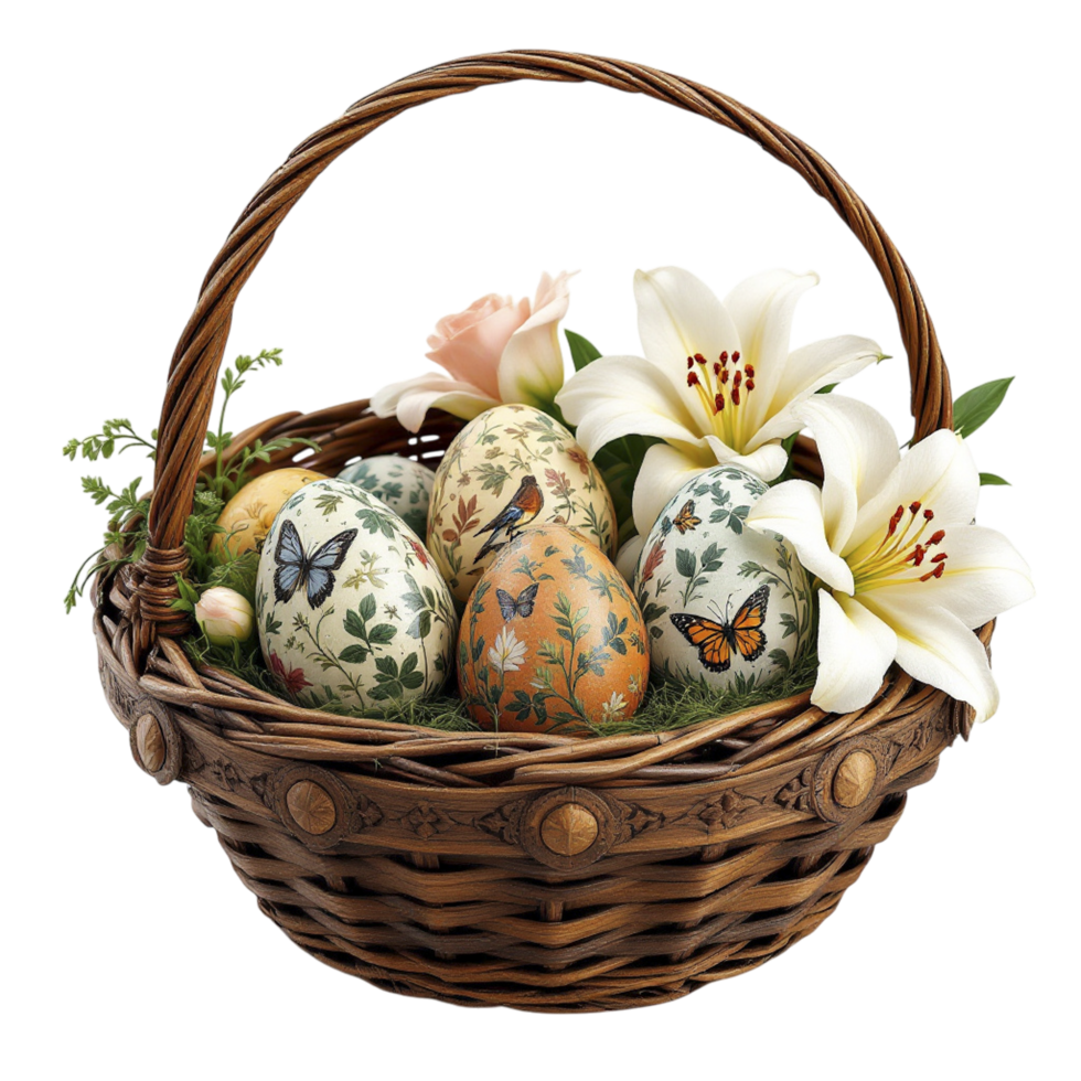 Easter eggs in a basket with flowers and butterflies png