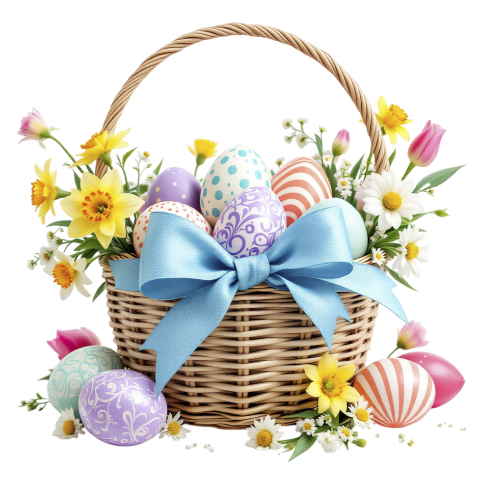 Easter egg basket with flowers and flowers png