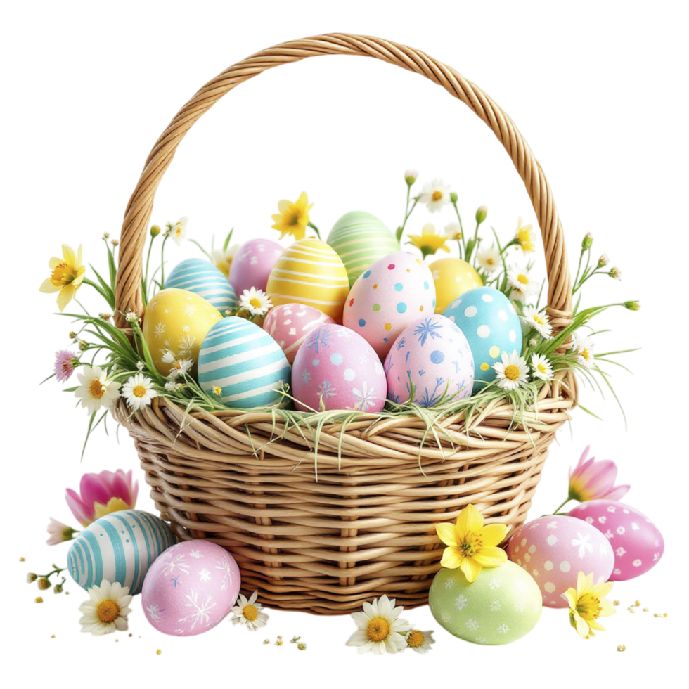 Easter eggs in a basket with flowers on a black background png