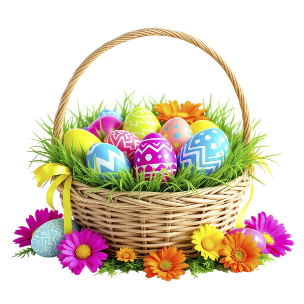 Easter eggs in a basket with flowers and grass png