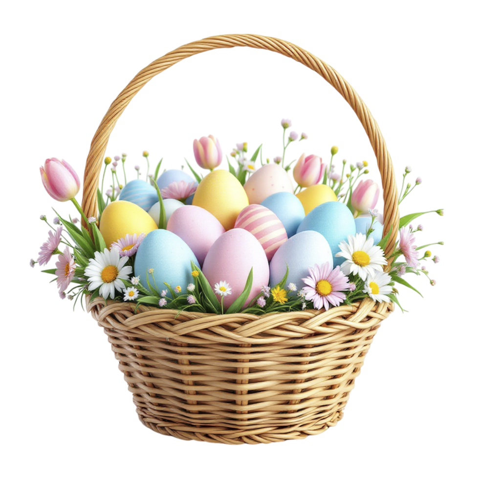 Easter eggs in a basket with flowers and daisies png