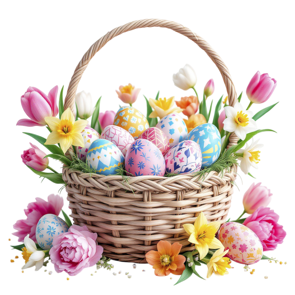 Easter eggs in a basket with tulips and flowers png