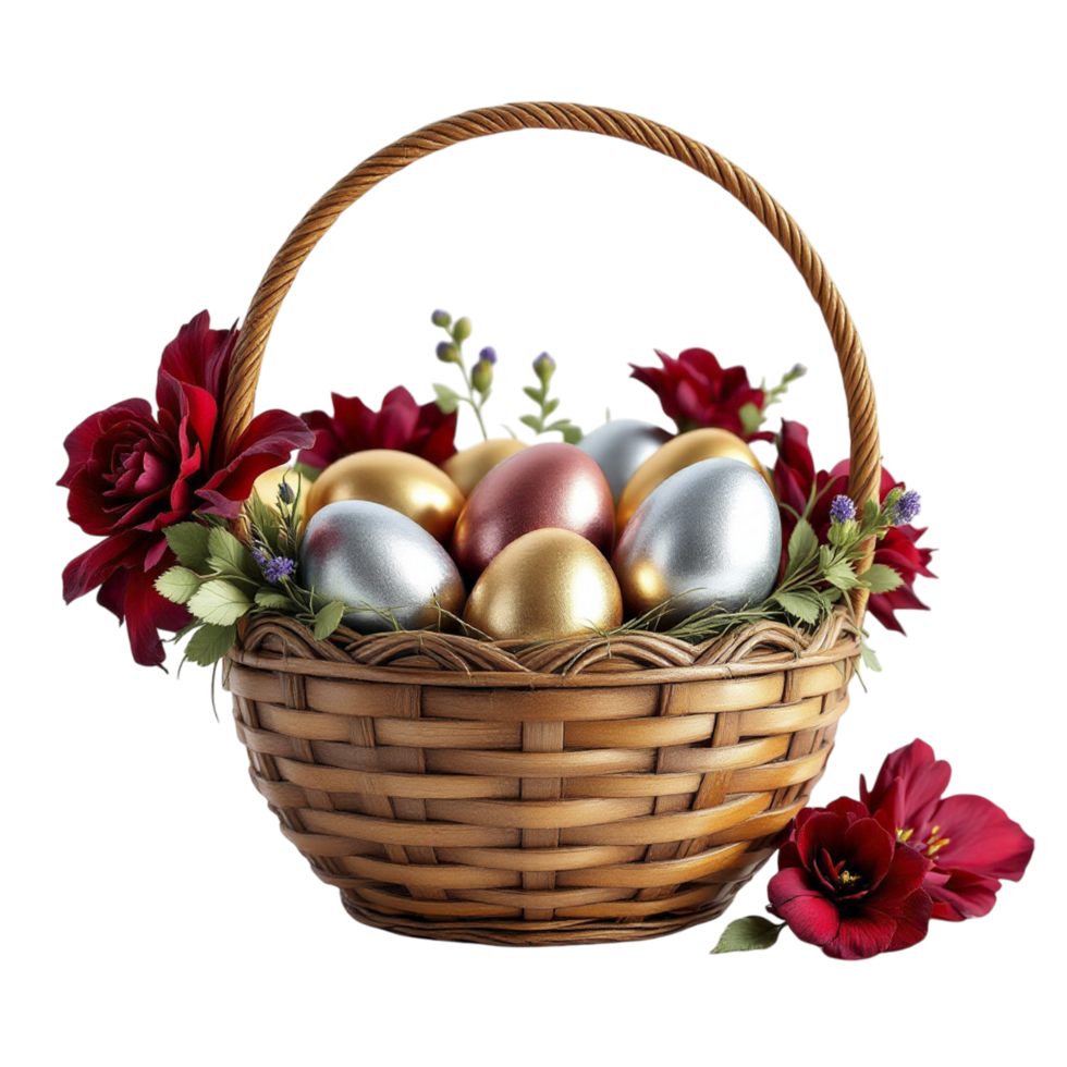 Easter eggs in basket with flowers on black background png