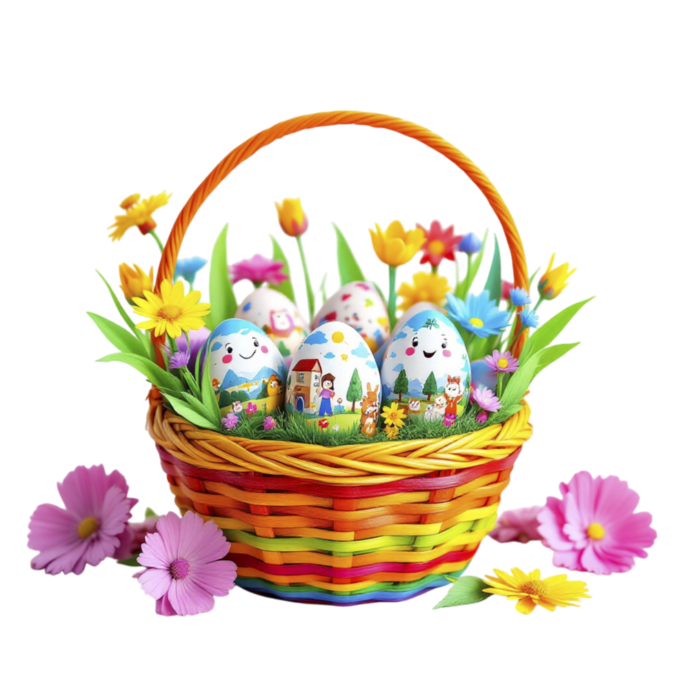 Easter basket with colorful eggs and flowers png