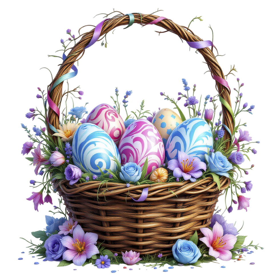 Easter eggs in a basket with flowers and ribbons png