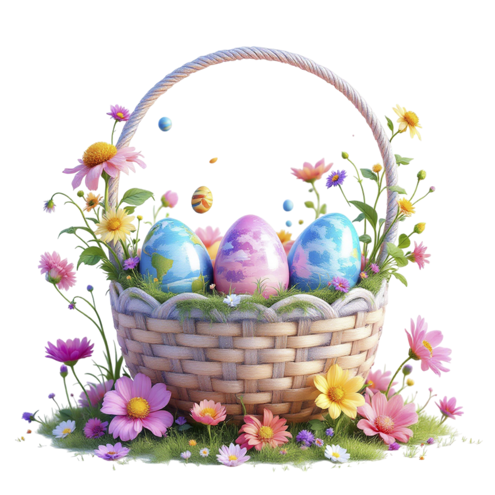 Easter eggs in a basket with flowers and grass png
