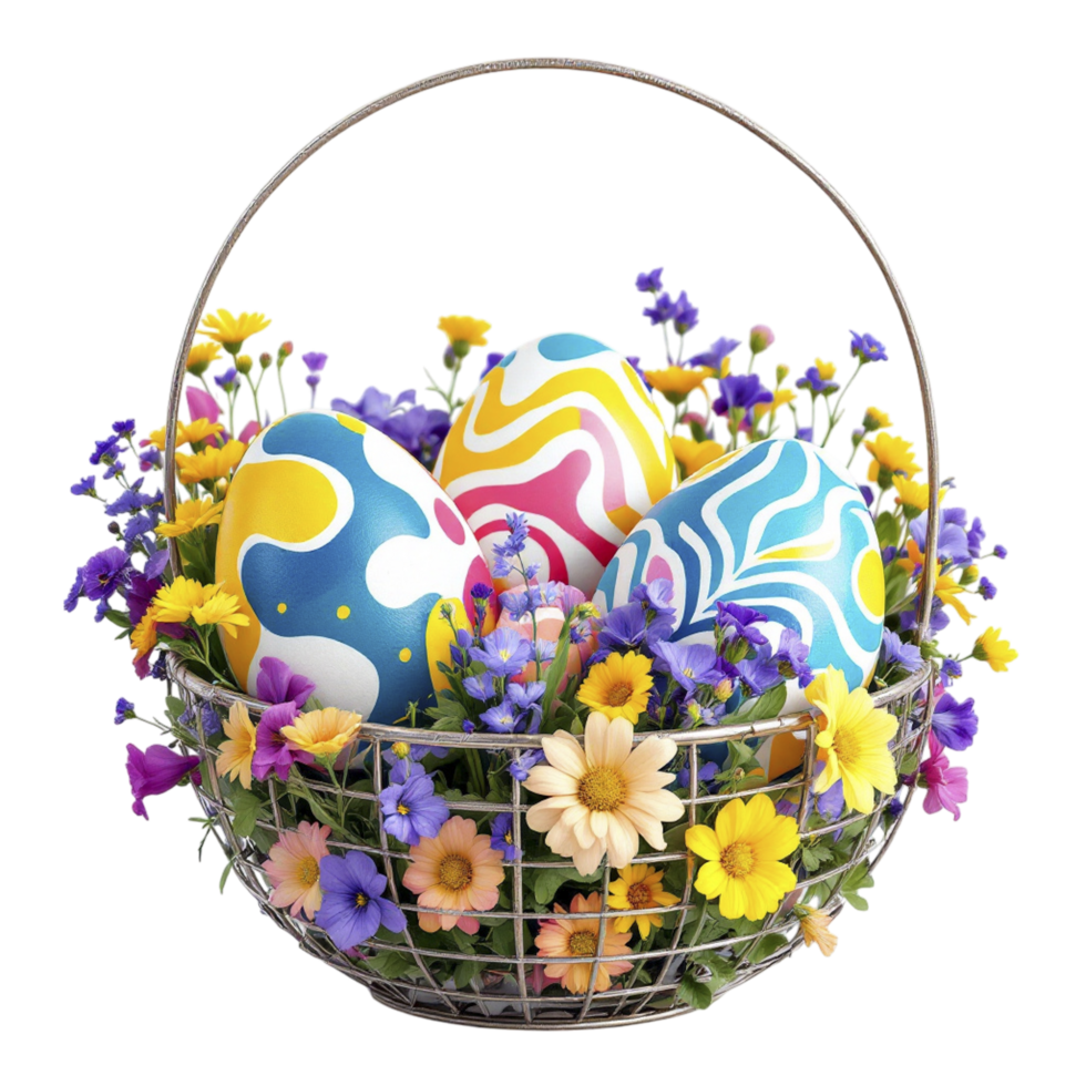 Easter eggs in a basket with flowers png