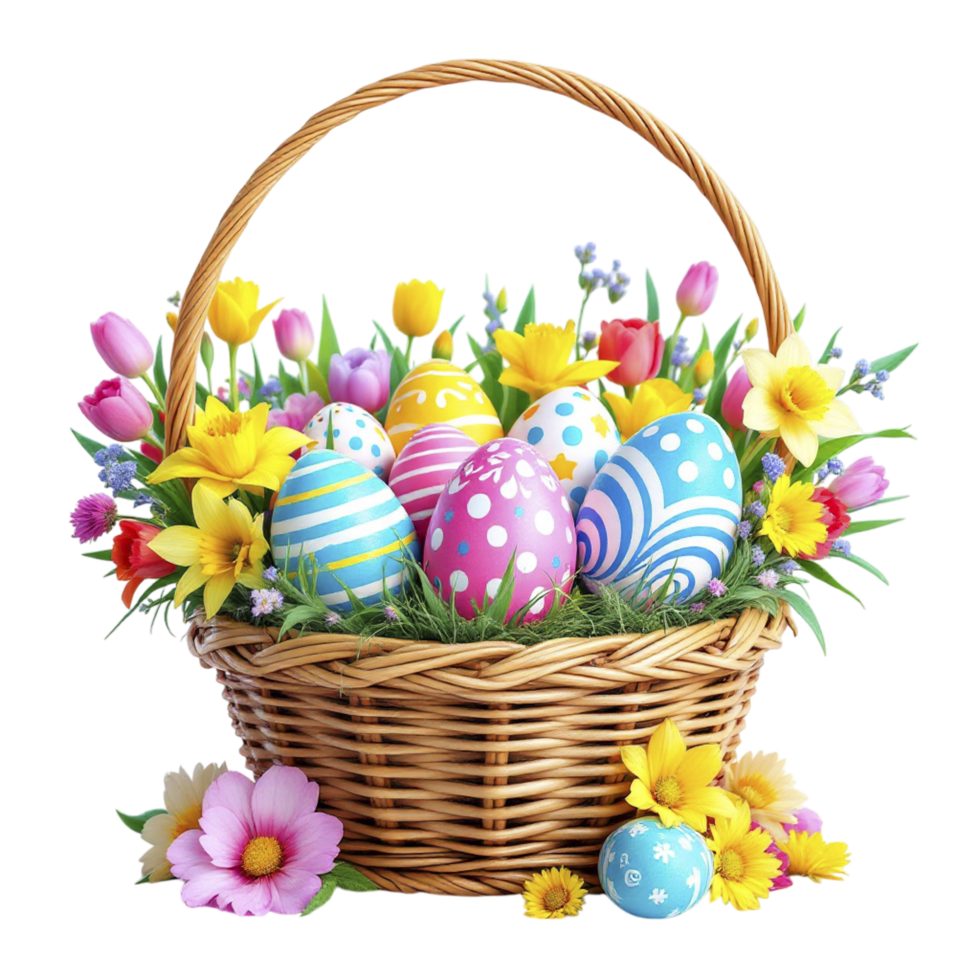 Easter eggs in a basket with flowers and tulips png