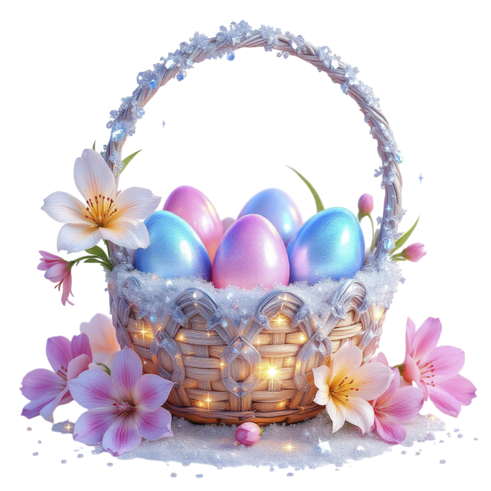 Easter eggs in a basket with flowers png
