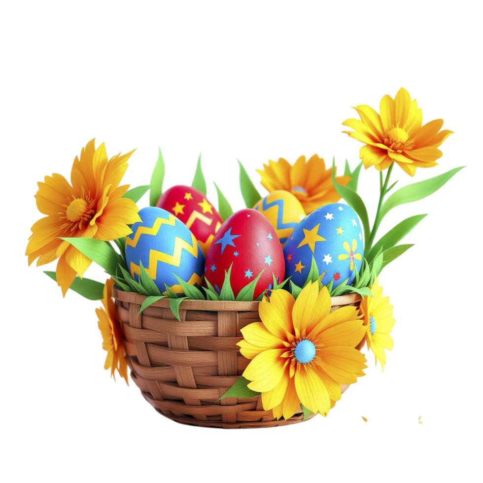 Easter eggs in a basket with flowers png