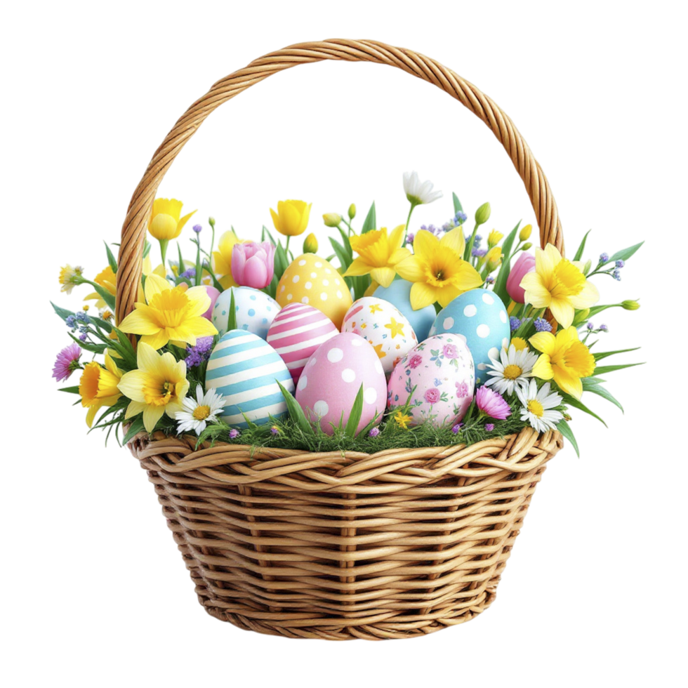 Easter basket with colorful eggs and flowers png