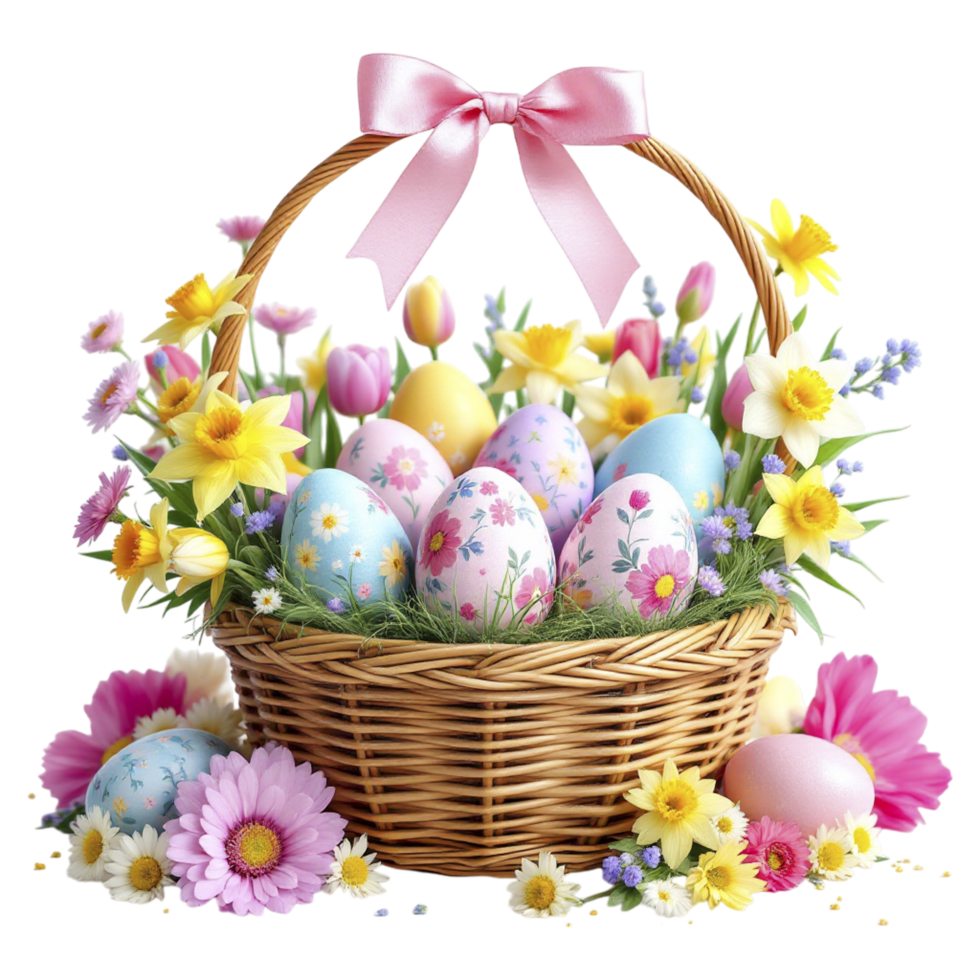 Easter eggs in a basket with flowers and bows png