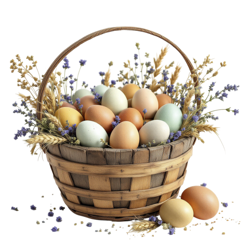 A basket filled with eggs and flowers png
