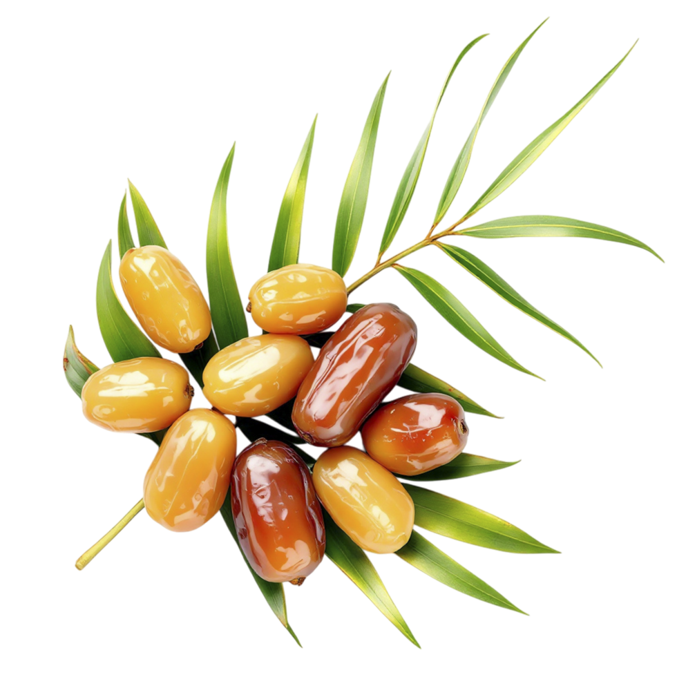 Dates on a branch with leaves on a black background png