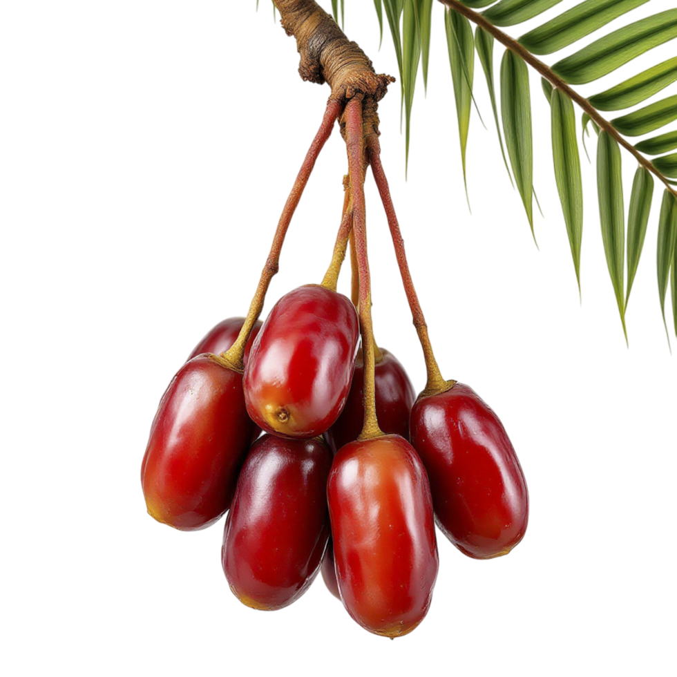 A bunch of red fruits hanging from a palm tree png
