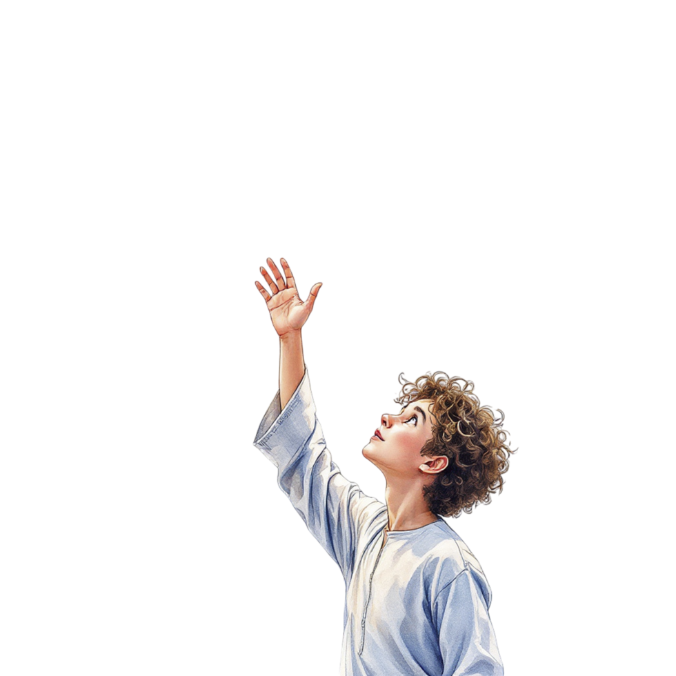 A boy in a blue shirt is reaching up to the sky png