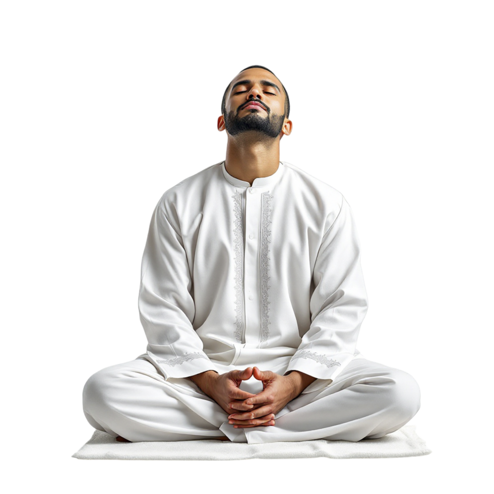 A man in white sitting in a lotus position png