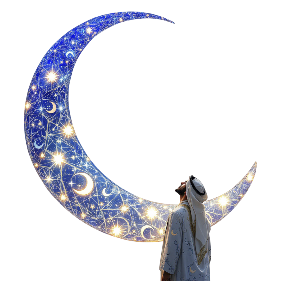 A man in a traditional arabic outfit stands in front of a crescent moon png