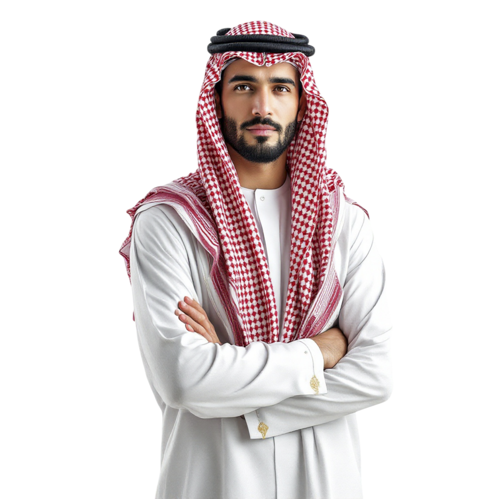 Arabic man with beard and white shirt standing with arms crossed png