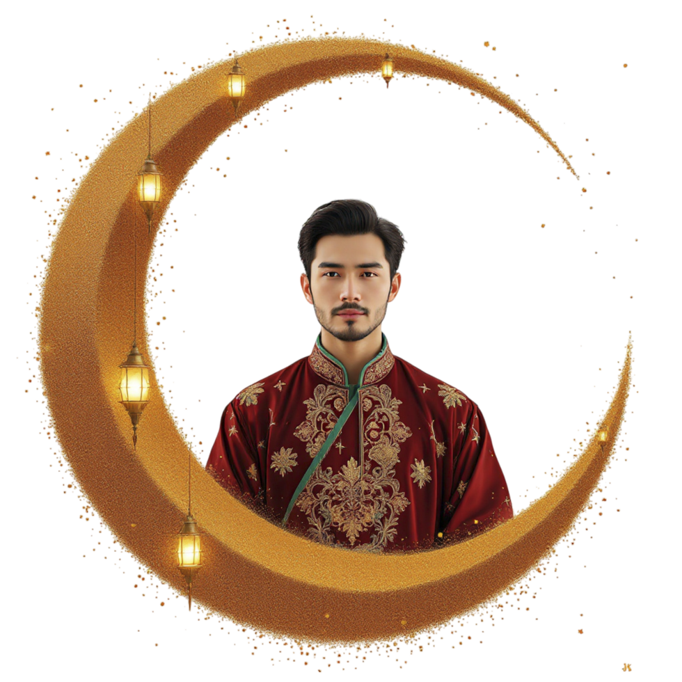 A man in a traditional outfit is standing in front of a crescent png