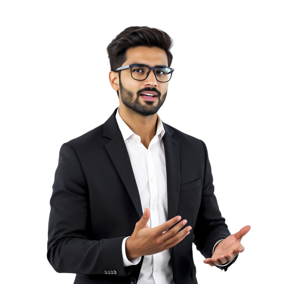 A man in a suit is gesturing while talking png