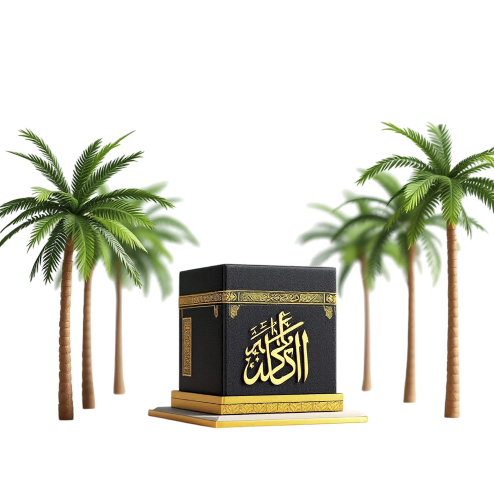 Kaaba, palm trees, islamic text, arabic writing, arabic png