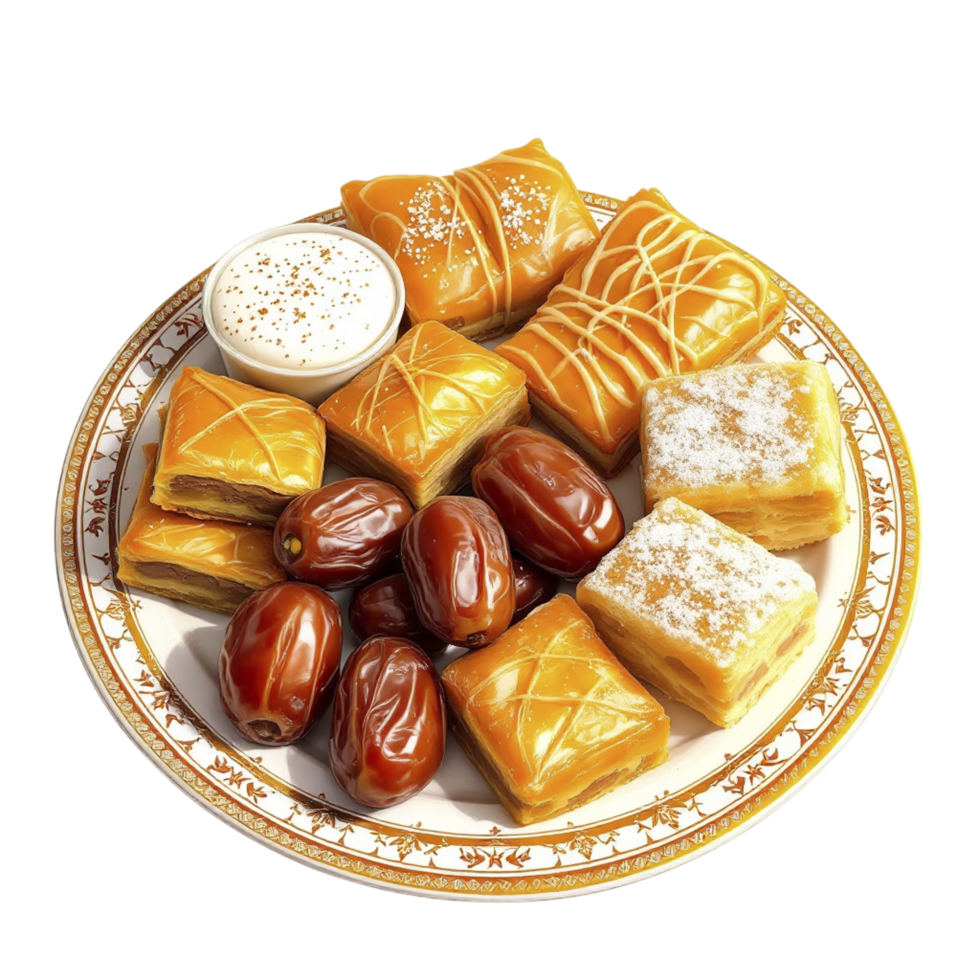 A plate with various types of pastries and dates png