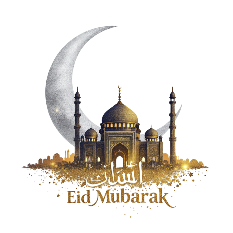 Eid mubarak greetings with mosque and moon png