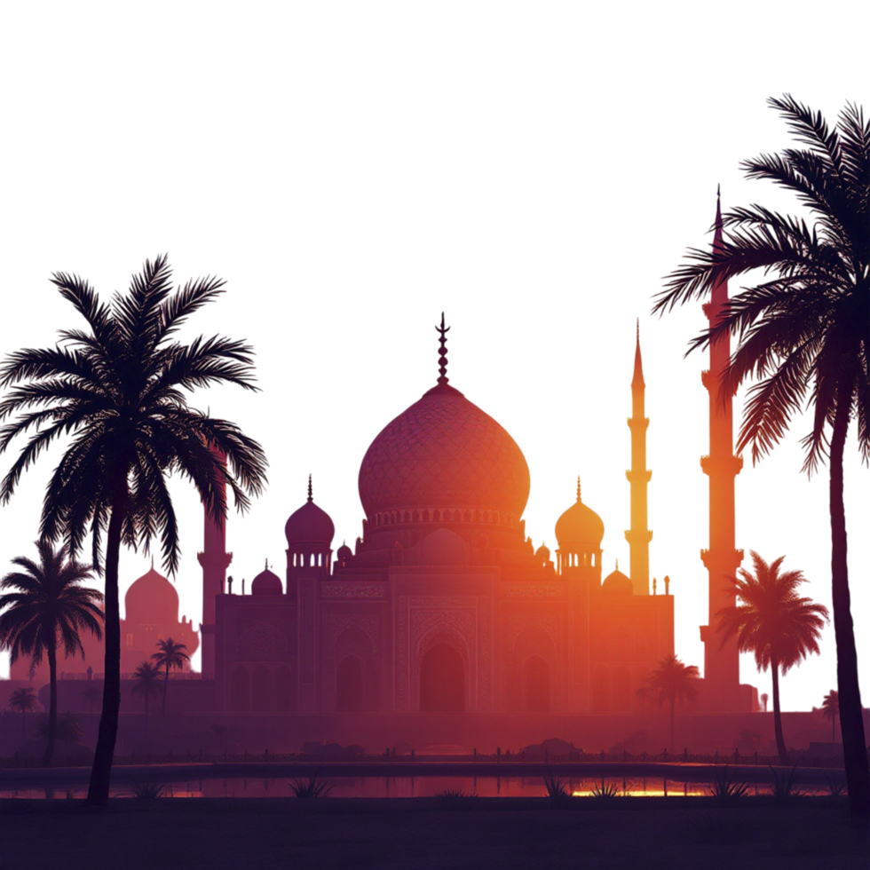 The sunset is reflected in the water and the mosque is in the background png