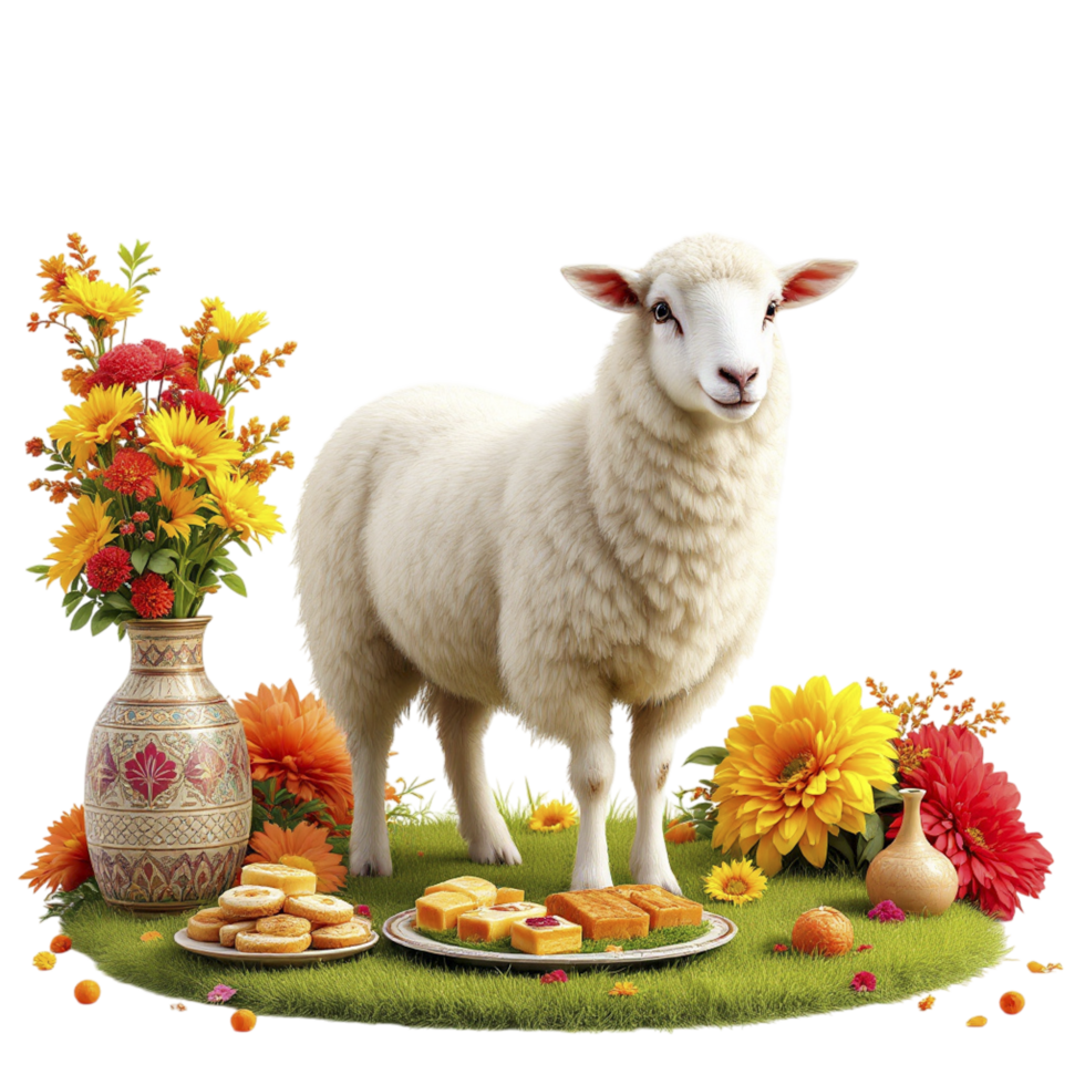 A sheep standing in front of a table with flowers and food png