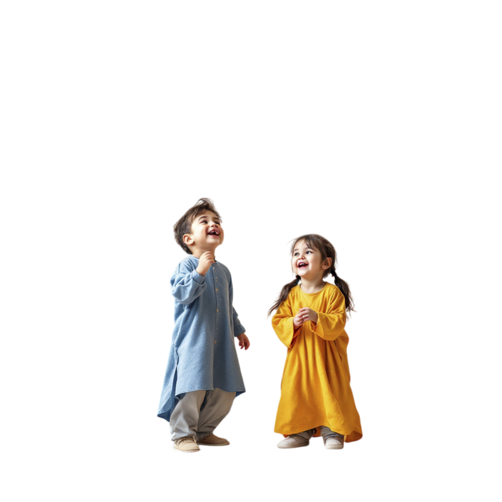 Two children in traditional clothing standing on a black background png