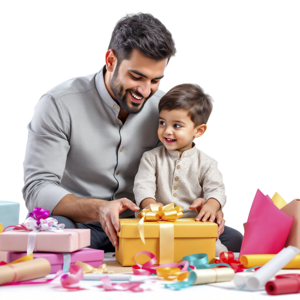 A man and a child are sitting in front of a gift box png