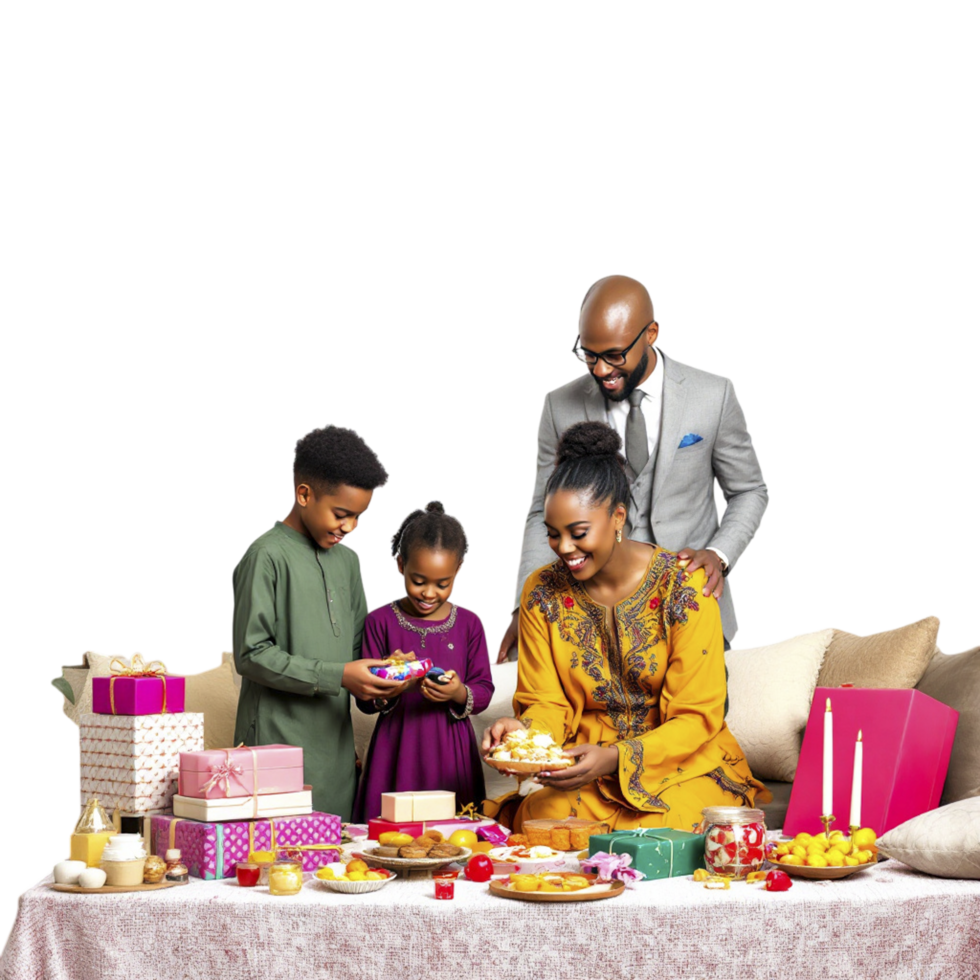 A family is sitting around a table with a cake png